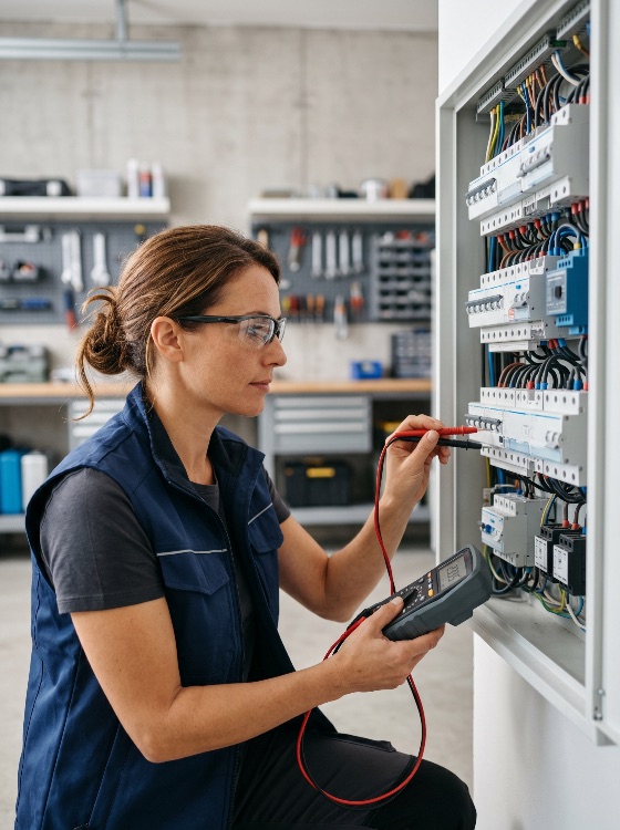 professional, female, electrician, using, digital, multimeter, test, electrical, panel, workshop, woman, technician, maintenance, circuit, breaker, industrial, engineering, power, voltage, testing, inspection, worker, equipment, tools, electricity, energy, fuse, box, distribution, board, service, technical, skilled, labor, occupation, job, blue, collar, electronics, measurement, wiring, installation, construction, expertise, technology