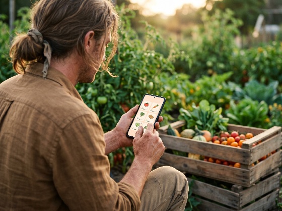 young, farmer, using, smartphone, app, manage, his, organic, vegetable, garden, during, harvest, sunset, technology, agriculture, vegetables, mobile, digital, farming, sustainability, nature, outdoor, man, lifestyle, crate, tomatoes, squash, gardening, smart, agritech, rural, summer, golden, hour, fresh, produce, healthy, eco-friendly, cultivation, plant, crop, worker, professional, software, management, tracking, inventory, small, business, local, homegrown, food, nutrition, green, environment, hobby, leisure, modern, landscapes