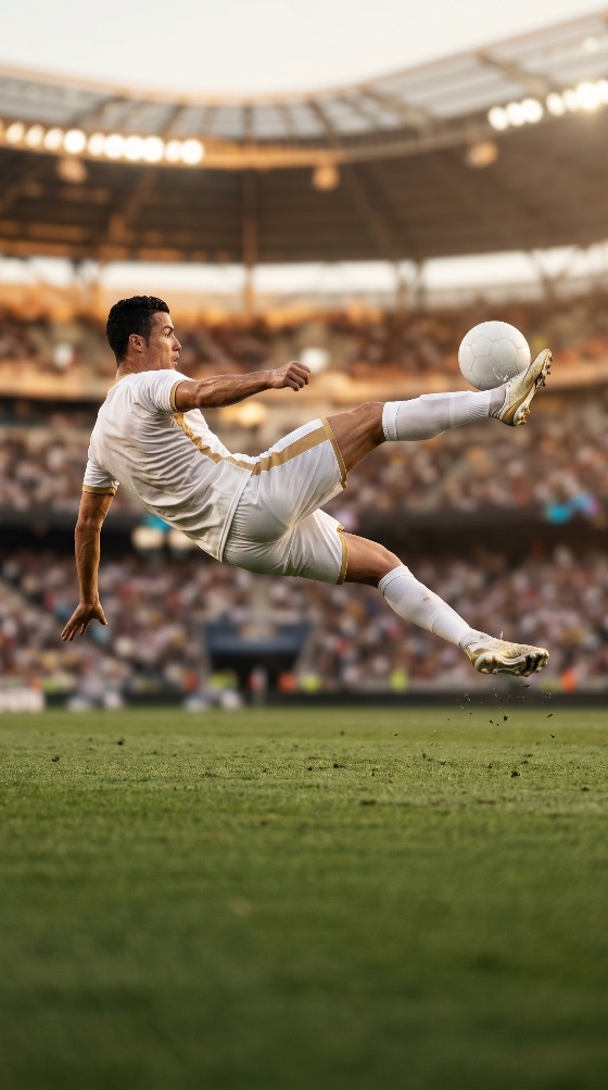professional, soccer, player, white, kit, performing, dynamic, bicycle, kick, during, match, large, stadium, football, action, athlete, sport, ball, goal, uniform, field, grass, arena, competition, mid-air, jump, skill, technique, athletic, jersey, cleats, tournament, game, championship, motion, energy, power, male, man, fitness, training, outdoor, spectators, league, performance, sports