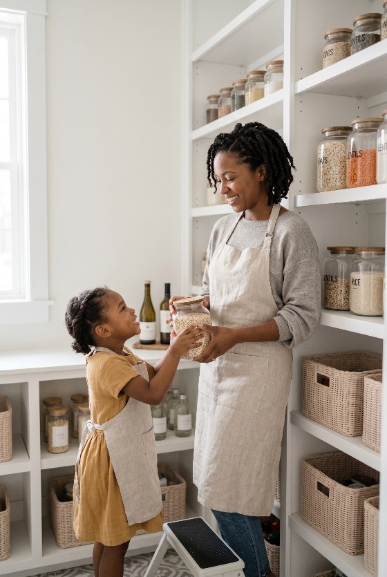 smiling, african, american, mother, and, daughter, organizing, modern, kitchen, pantry, together, organization, black, family, lifestyle, home, domestic, glass, jars, storage, shelves, apron, happy, bonding, childhood, parenting, healthy, living, sustainable, zero, waste, grains, interior, white, bright, wholesome, teaching, helping, life, meal, prep, food, wicker, baskets, step, stool, natural, light, people