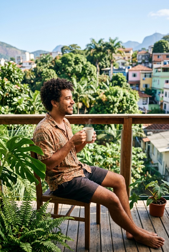 smiling, young, man, enjoying, morning, coffee, balcony, overlooking, lush, hillside, city, view, relaxation, tropical, terrace, mug, drink, lifestyle, male, curly, hair, travel, vacation, mountains, nature, plants, monstera, leisure, happy, summer, outdoors, urban, landscape, home, apartment, breakfast, steaming, cup, casual, portrait, people, one, person, barefoot, wooden, deck, sunshine, bright, peaceful, serene