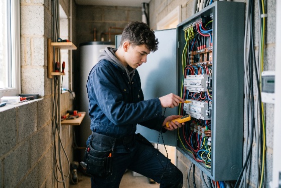 young, electrician, testing, voltage, residential, electrical, panel, with, multimeter, fuse, box, apprentice, worker, technician, maintenance, repair, wiring, circuits, professional, man, jumpsuit, overalls, tool, belt, electricity, home, improvement, renovation, construction, utility, room, basement, safety, skilled, labor, energy, power, distribution, board, wires, cable, inspection, service, contractor, male, indoor, manual, technical, engineering, equipment, tools, installation, industrial