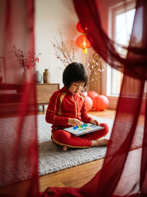 young, asian, child, red, festive, outfit, playing, with, educational, app, tablet, during, chinese, new, year, lunar, education, technology, learning, tradition, home, lifestyle, celebration, digital, screen, childhood, modern, lanterns, cherry, blossom, indoor, culture, stem, e-learning, focus, concentration, holiday, interior, living, room, youth, preschooler, coding, blocks, family, happiness, daylight, cozy, cultural, meets, holidays, celebrations