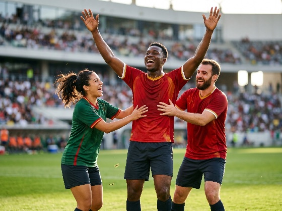 diverse, soccer, teammates, celebrating, goal, during, match, packed, stadium, football, celebration, victory, team, players, winner, sport, athlete, multicultural, mixed, gender, woman, man, joy, excitement, happiness, cheering, game, professional, pitch, field, grass, crowd, spectators, fans, teamwork, success, achievement, competition, athletic, active, lifestyle, outdoors, sunny, daylight, emotion, energetic, triumph, winning, scoring, people
