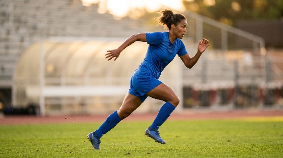 athletic, female, soccer, player, blue, uniform, sprinting, across, grass, field, during, sunset, training, session, football, athlete, running, stadium, sport, woman, fitness, speed, action, outdoor, pitch, exercise, healthy, lifestyle, competition, professional, golden, hour, determination, energy, motivation, active, person, sportswoman, practice, game, match, cleats, jersey, kit, sports