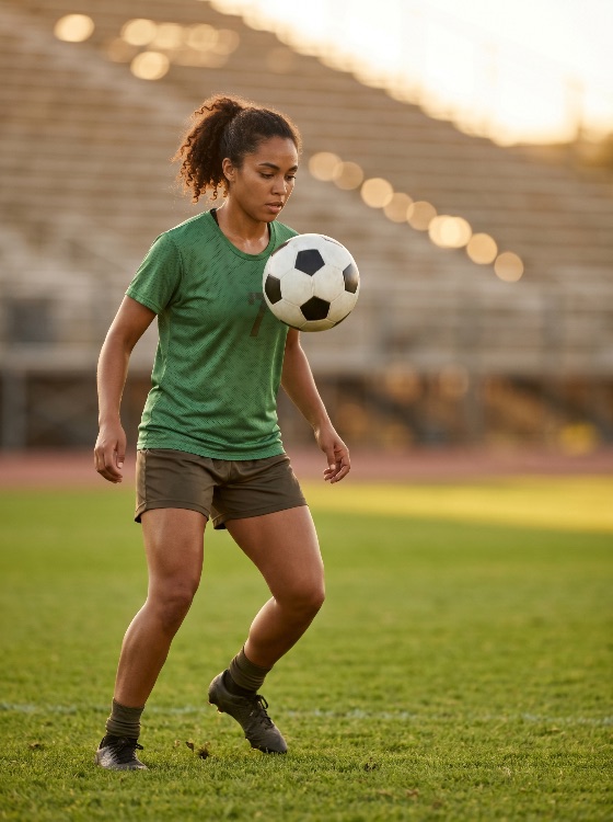 young, athletic, woman, juggling, soccer, ball, green, field, during, sunset, training, session, stadium, football, player, athlete, female, practice, sport, golden, hour, control, skill, fitness, exercise, outdoors, active, lifestyle, competition, game, jersey, shorts, cleats, grass, pitch, hobby, professional, amateur, adult, healthy, motivation, determination, focus, action, movement, leisure, summer, evening, sportsmanship, team, individual, sports