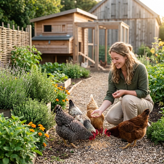 happy, young, woman, feeding, flock, chickens, beautiful, vegetable, garden, with, wooden, coop, the, background, backyard, farming, poultry, hobby, farm, sustainable, rural, hen, agriculture, lifestyle, nature, organic, outdoor, summer, smiling, livestock, domestic, birds, country, gardening, flowers, lavender, marigolds, homestead, self-sufficiency, animal, pet, food, grain, pecking, gravel, path, sunlight, life, female, adult, people