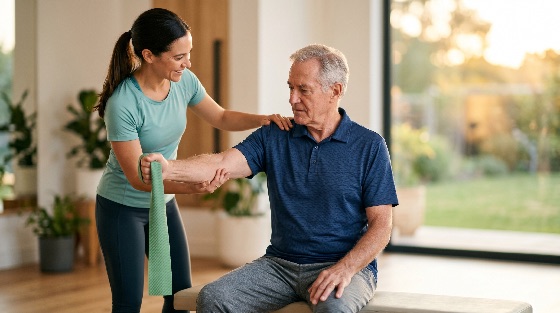 senior, man, performing, arm, exercises, with, resistance, band, assisted, female, physical, therapist, modern, clinic, therapy, physiotherapist, rehabilitation, exercise, healthcare, wellness, elderly, patient, recovery, stretching, mobility, medical, support, fitness, lifestyle, health, professional, aging, treatment, workout, indoor, caucasian, strength, training, assistance, home, care, wellbeing, physiotherapy, musculoskeletal, active, geriatric, occupational, elastic, caregiver, healthy, body, rehab, specialist