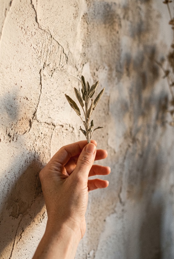 hand, holding, sprig, fresh, dried, sage, against, textured, close-up, shot, person, delicate, neutral, rustic, concrete, plaster, wall, the, scene, illuminated, warm, soft, sunlight, creating, subtle, shadows, evoking, feeling, organic, wellness, nature, traditional, herbalism, and, minimalist, aesthetics, herb, plant, texture, natural, light, shadow, herbal, medicine, minimal, beige, aromatic, aromatherapy, botany, leaf, leaves, earthy, cooking, ingredient, culinary, holistic, lifestyle, indoor, aesthetic, eco, simple, background, dry, botanical, salvia, smudge, fragrant, flavor, health, healthy, landscapes
