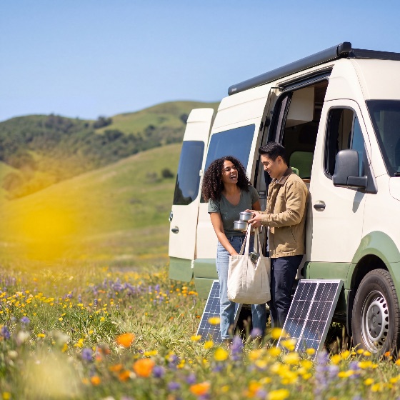happy, multiethnic, couple, enjoying, sustainable, van, life, adventure, parked, scenic, wildflower, meadow, with, portable, solar, panels, for, clean, energy, during, sunny, summer, road, trip, camper, travel, wildflowers, outdoors, nature, camping, motorhome, green, eco-friendly, off-grid, freedom, nomadic, happiness, lifestyle, landscape, hills, vacation, journey, transport, vehicle, diverse, man, woman, together, smiling, laughing, packing, containers, tote, bag, environment, leisure, recreation, tourism, getaway, exploration, rural, spring, field, landscapes