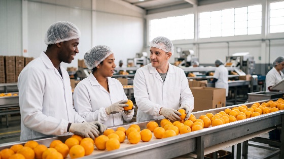 multi-ethnic, team, factory, workers, lab, coats, and, hairnets, inspecting, fresh, oranges, conveyor, belt, food, processing, facility, industry, quality, control, production, line, diverse, manufacturing, agriculture, fruit, hairnet, coat, gloves, hygiene, professional, sorting, citrus, warehouse, packaging, distribution, teamwork, industrial, job, occupation, work, employee, plant, safety, sanitation, harvest, construction