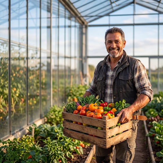 happy, middle-aged, farmer, holding, wooden, crate, fresh, organic, vegetables, greenhouse, harvest, gardening, agriculture, man, smiling, produce, tomatoes, peppers, healthy, food, sustainability, farming, gardener, portrait, local, homegrown, nutrition, glasshouse, rural, lifestyle, nature, summer, autumn, picking, box, cultivation, farm, table, eco-friendly, worker, professional, hobby, sunlight, drink