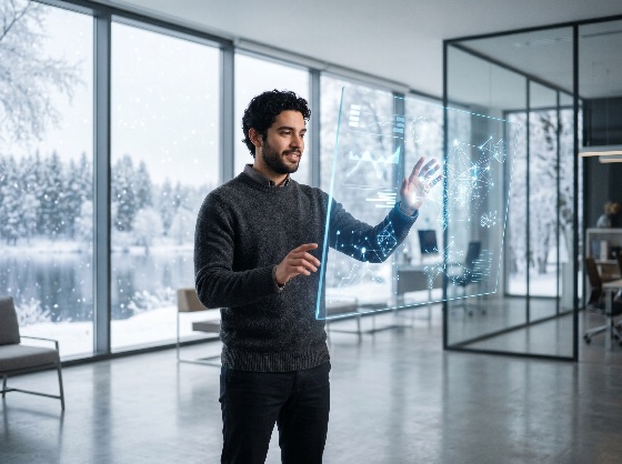 young, businessman, interacting, with, futuristic, holographic, data, interface, modern, office, winter, landscape, view, technology, hologram, digital, innovation, future, virtual, reality, augmented, analytics, professional, man, glass, screen, network, visualization, intelligence, software, developer, analyst, high-tech, corporate, business, touch, interactive, window, snow, trees, lake, working, concept, communication, connection, dashboard, cyber, information, research, smart, creative, male, beard, sweater