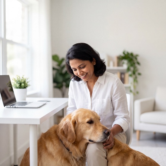 smiling, south, asian, woman, white, shirt, sits, desk, with, laptop, while, her, golden, retriever, companion, rests, its, head, lap, bright, modern, home, office, environment, dog, working, from, remote, work, pet, happy, friendship, loyalty, lifestyle, indian, ethnicity, interior, sunny, domestic, animal, canine, love, affection, work-life, balance, freelancer, professional, casual, morning, peaceful, cozy, indoor, plant, decor, minimalist, comfort, happiness, together, bonding, owner, caring, relaxation, productivity, telecommuting, people