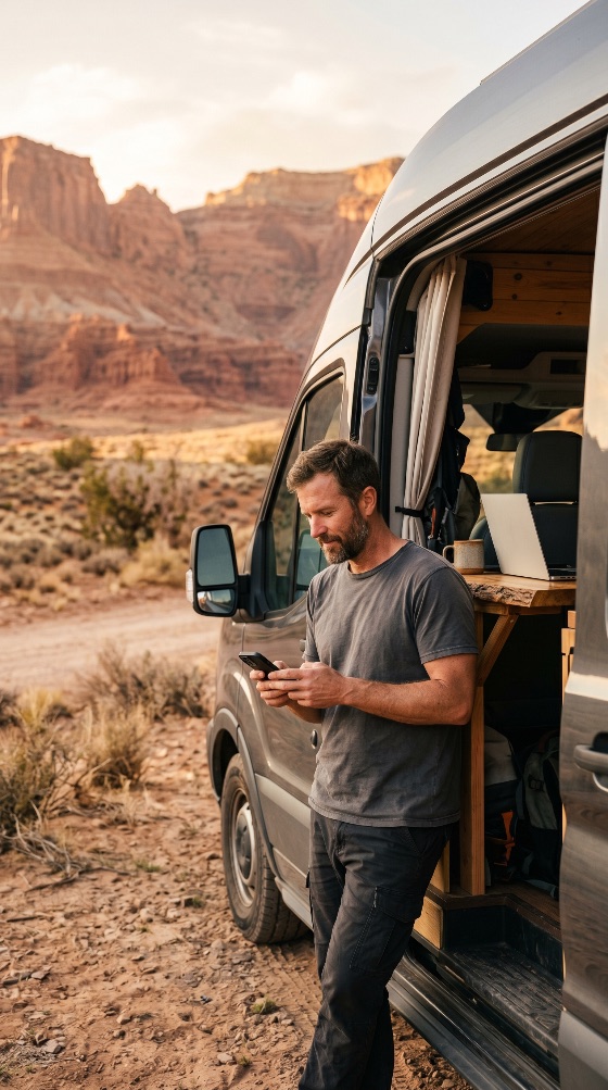 man, using, smartphone, beside, camper, van, desert, landscape, sunset, life, digital, nomad, remote, work, travel, adventure, golden, hour, nature, outdoors, road, trip, freedom, lifestyle, mountain, red, rocks, camping, motorhome, from, anywhere, wanderlust, solo, scenic, communication, internet, mobile, male, adult, 40s, 30s, casual, bearded, portrait, vertical, wilderness, landscapes