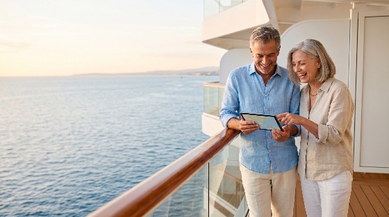 happy, senior, couple, laughing, and, using, digital, tablet, together, cruise, ship, balcony, with, beautiful, ocean, view, sunset, vacation, travel, retirement, luxury, technology, tourism, sea, voyage, elderly, lifestyle, leisure, summer, holiday, relationship, mature, grey, hair, planning, map, navigation, destination, deck, maritime, adventure, relaxation, light, golden, hour, outdoor, copy, space, people