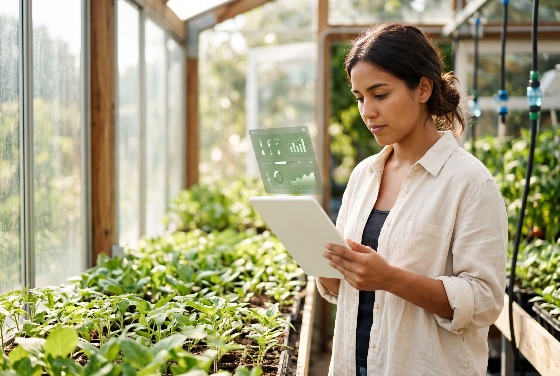 professional, female, agronomist, using, digital, tablet, with, holographic, data, interface, monitor, crop, health, and, environmental, conditions, modern, greenhouse, smart, farming, technology, agriculture, analysis, monitoring, plants, seedlings, innovation, precision, future, sustainability, woman, farmer, dashboard, iot, growth, science, botany, nursery, organic, environment, ecology, management, analytics, internet, things, farm, cultivation, research, biotechnology