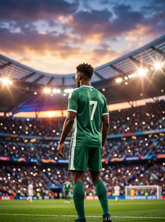 rear, view, professional, soccer, player, green, uniform, with, number, standing, large, stadium, during, sunset, match, football, athlete, jersey, game, arena, sport, competition, crowd, fans, pitch, field, back, cinematic, dramatic, evening, floodlights, champion, league, tournament, goal, team, male, man, black, sportsmanship, victory, dream, career, motivation, active, sports, fitness