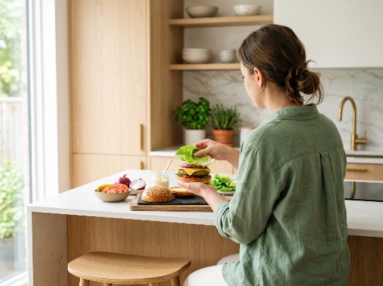 young, woman, preparing, fresh, homemade, burger, with, vegetables, modern, kitchen, cooking, healthy, food, meal, lifestyle, interior, lettuce, tomato, onion, bun, sesame, cheese, assembling, nutrition, eating, home, domestic, bright, natural, light, person, female, back, view, wooden, counter, island, culinary, gourmet, organic, delicious, tasty, sandwich, fast, casual, wellness, lunch, dinner, drink