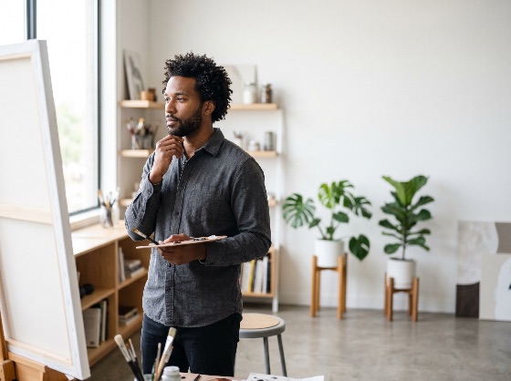 thoughtful, black, male, artist, holding, palette, and, looking, canvas, bright, modern, studio, painter, art, creative, man, african, american, easel, painting, contemplative, inspiration, hobby, profession, workshop, interior, plants, monstera, creativity, fine, person, leisure, lifestyle, talent, skill, brush, oil, acrylic, workspace, home, entrepreneur, small, business, owner, focused, concentration, arts, culture