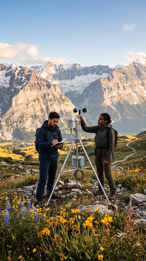 scientists, collecting, data, from, portable, weather, station, two, researchers, operate, mountain, meadow, man, records, notebook, while, woman, adjusts, sensors, the, scene, features, wildflowers, and, snow-capped, peaks, meteorology, science, environment, mountains, research, climate, change, field, work, alpine, nature, hiking, anemometer, collection, ecology, monitoring, outdoors, adventure, snow, conservation, technology, equipment, tripod, professional, diverse, teamwork, sustainability, geography, geology, landscape, scenic, summer, sky, altitude, remote, observation, measurement, global, warming, environmentalist, meteorologist, earth, exploration, wilderness, travel, tourism, backpack, landscapes