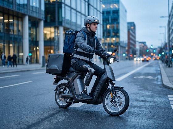 professional, delivery, courier, with, prosthetic, leg, riding, electric, scooter, modern, city, dusk, disability, urban, moped, inclusive, diversity, gig, economy, transportation, logistics, worker, helmet, reflective, vest, transport, mobility, accessibility, evening, service, technology, street, road, lifestyle, employment, motor, vehicles