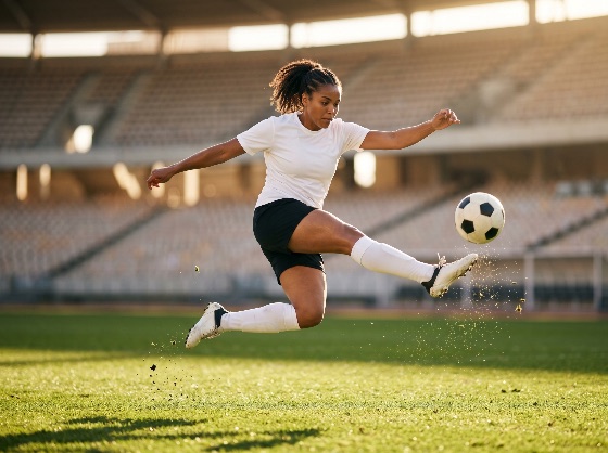 athletic, black, woman, soccer, player, kicking, ball, mid-air, during, training, session, stadium, football, athlete, kick, action, sport, jump, field, grass, female, african, american, fitness, competition, match, goal, power, energy, dynamic, skill, exercise, active, lifestyle, professional, performance, outdoor, sunlight, summer, motion, game, sports, background