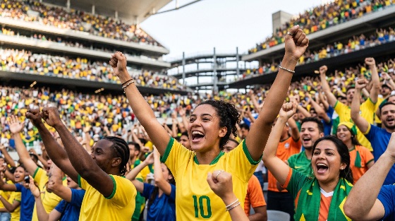 enthusiastic, brazilian, football, fans, cheering, and, celebrating, with, arms, raised, crowded, stadium, during, soccer, match, celebration, brazil, game, sports, excitement, joy, happy, passion, victory, winning, woman, man, diverse, group, crowd, spectators, yellow, jersey, green, number, shouting, arena, championship, tournament, world, cup, support, team, outdoor, lifestyle, people, emotion, goal, fanatical, audience, event, competition, spirit, energy, unity, happiness
