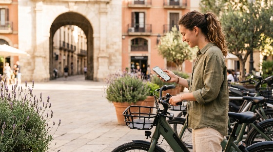smiling, young, woman, using, mobile, app, her, smartphone, unlock, shared, electric, bicycle, historic, city, plaza, bike, sharing, technology, urban, travel, mobility, transportation, rental, lifestyle, european, square, tourism, sustainability, eco-friendly, green, energy, commuting, outdoor, street, architecture, arch, lavender, phone, digital, navigation, map, leisure, active, person, female, one, casual, sunny, golden, hour, vacation, modern, convenience, e-bike, economy, people