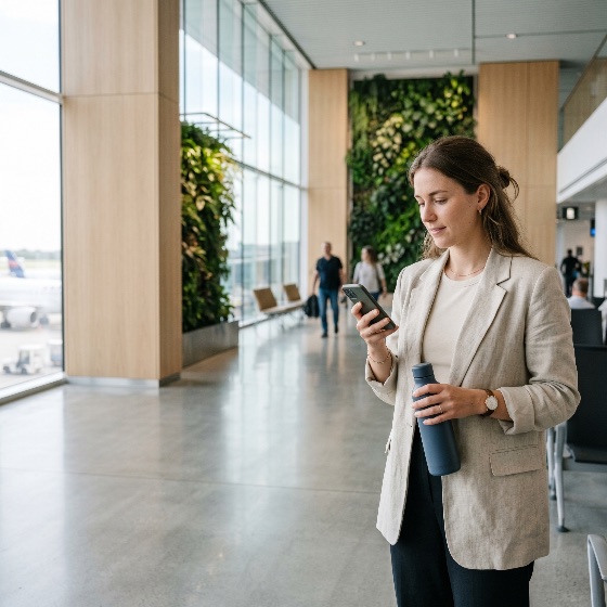 young, professional, woman, using, smartphone, and, holding, reusable, water, bottle, modern, airport, terminal, with, vertical, garden, business, phone, travel, traveler, sustainable, lifestyle, office, lobby, green, wall, architecture, interior, communication, technology, blazer, fashion, waiting, departure, arrival, airplane, window, bright, daylight, corporate, entrepreneur, digital, nomad, mobility, connectivity, environment, eco-friendly, hydration, caucasian, adult, one, person, people, background