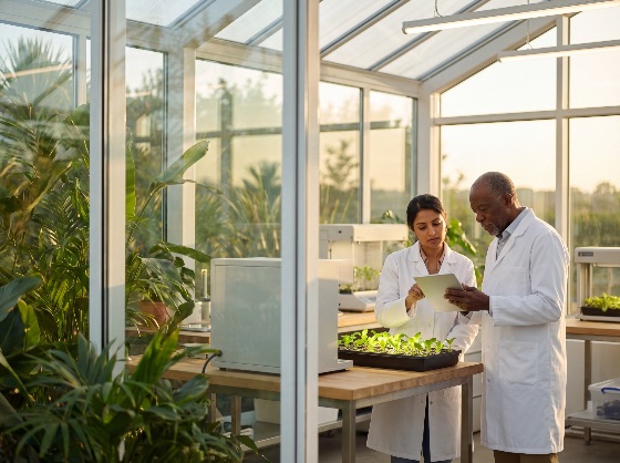 professional, diverse, scientists, white, lab, coats, collaborating, modern, greenhouse, examining, young, plant, seedlings, and, using, digital, tablet, for, agricultural, research, sunset, scientist, agriculture, biotechnology, plants, technology, coat, collaboration, science, botanical, glasshouse, laboratory, sustainability, environment, man, woman, senior, african, american, indian, team, colleagues, experts, studying, analyzing, working, inspecting, recording, innovation, growth, organic, biology, botany, agrotech, smart, farming, future, development, ecology, sunlight, golden, hour, greenery