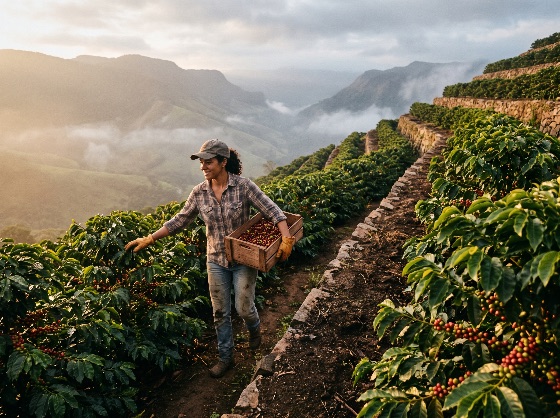 female, coffee, farmer, carrying, crate, freshly, harvested, cof, smiling, agricultural, worker, carries, wooden, filled, with, ripe, red, cherries, through, terraced, farm, dressed, work, clothes, and, cap, she, inspects, plants, during, the, morning, golden, hour, background, breathtaking, misty, mountains, valleys, create, serene, rural, landscape, highlighting, sustainable, farming, origin, plantation, harvest, woman, mountain, beans, picking, agriculture, sunrise, mist, crop, organic, fair, trade, fresh, green, nature, field, valley, outdoor, cultivation, harvesting, produce, hard, labor, terrace, foliage, scenery, hillside, raw, food, arabica, country, grower, landscapes