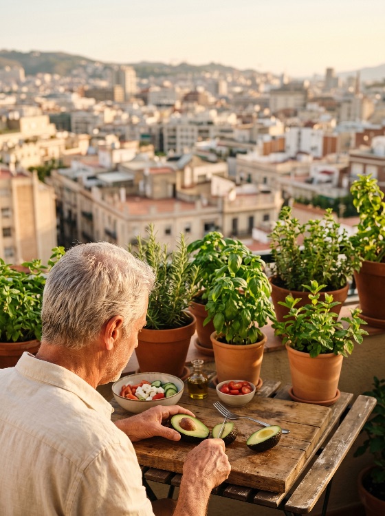 senior, man, preparing, healthy, meal, with, fresh, avocado, and, salad, rooftop, balcony, overlooking, the, city, sunset, eating, view, urban, gardening, retirement, lifestyle, mediterranean, diet, herbs, basil, terrace, cityscape, golden, hour, nutrition, wellness, organic, prep, elderly, active, summer, wooden, table, vegetables, vegetarian, outdoor, dining, peaceful, hobby, food, people