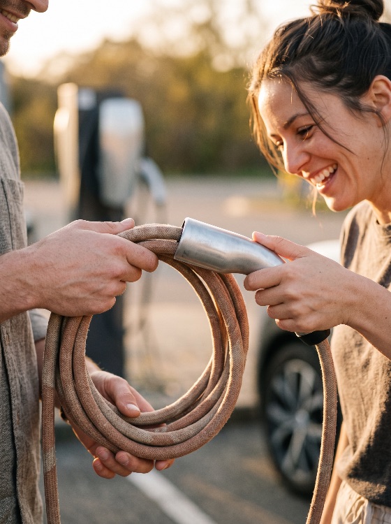 cheerful, young, couple, holds, electric, vehicle, charging, cable, smiling, woman, with, her, hair, bun, and, man, hold, coiled, metallic, connector, plug, for, car, they, are, standing, outdoors, point, during, sunset, preparing, charge, their, road, trip, the, background, shows, blurred, station, post, sustainable, transport, green, energy, eco, friendly, power, supply, transportation, clean, golden, hour, outdoor, happiness, together, holding, technology, battery, renewable, travel, close, lifestyle, modern, automotive, mobility, driver, environmentally, environmental, efficiency, conscious, activity, future, smart, zero, emission, automobile, people