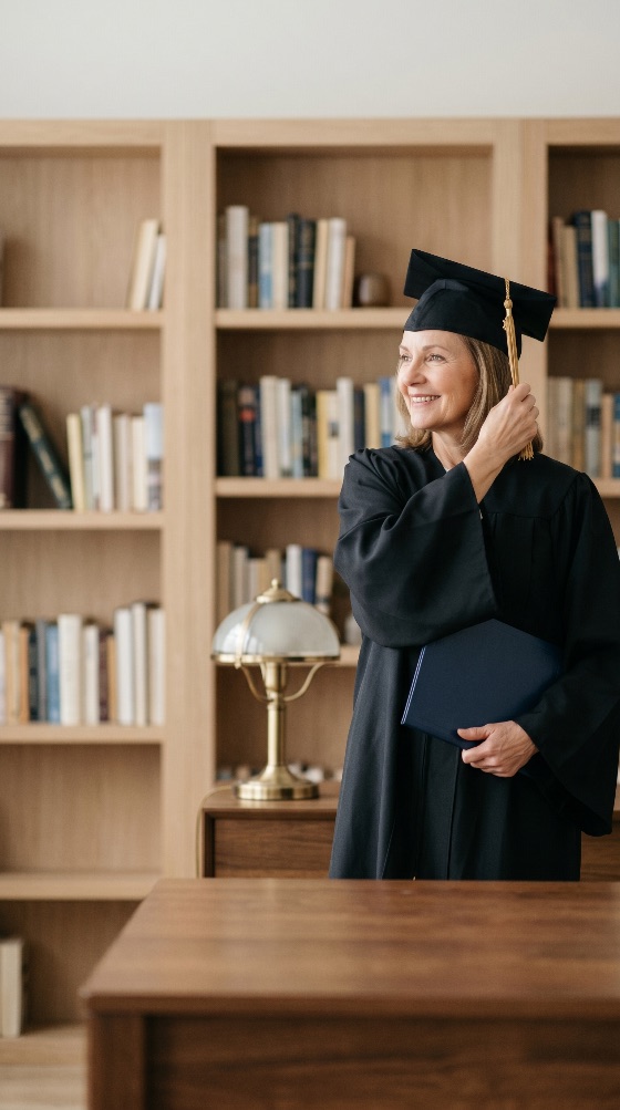 proud, mature, woman, graduation, gown, and, cap, holding, diploma, library, graduate, education, achievement, success, senior, student, university, college, academic, mortarboard, lifelong, learning, celebration, smiling, bookshelves, knowledge, degree, ceremony, adult, middle-aged, female, portrait, indoor, wisdom, intelligence