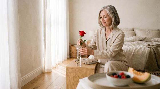 serene, senior, woman, with, grey, hair, placing, red, rose, glass, vase, bright, bedroom, mature, morning, routine, lifestyle, home, peaceful, pajamas, loungewear, healthy, breakfast, berries, melon, interior, design, natural, light, elegant, aging, wellness, self-care, relaxation, domestic, life, minimalist, neutral, colors, contentment, leisure, hobby, beautiful, middle-aged, people