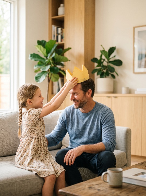 happy, little, girl, putting, yellow, paper, crown, her, father, head, while, playing, together, sofa, home, daughter, family, living, room, childhood, parenting, love, bonding, togetherness, lifestyle, fatherhood, man, indoor, playful, joy, smiling, relationship, king, princess, imagination, creative, leisure, weekend, bright, modern, minimalist, decor, plants, casual, braided, hair, affection, caring, connection, two, people, memories, role, play, pretend, happiness, cheerful, domestic, life, parent, child