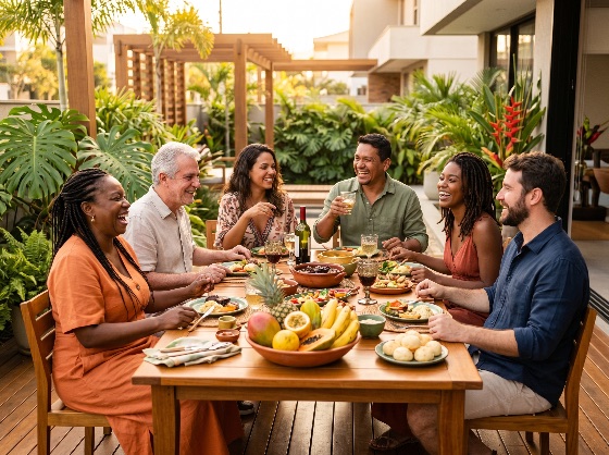 happy, diverse, group, friends, and, family, enjoying, outdoor, meal, tropical, patio, sunset, dining, happiness, eating, social, gathering, lifestyle, multi-ethnic, summer, golden, hour, laughing, food, backyard, togetherness, celebration, healthy, garden, wine, drinking, dinner, lunch, brazilian, feijoada, pao, queijo, fruit, pineapple, mango, papaya, monstera, plants, terrace, friendship, community, vibrant, sunny, leisure, adults, senior, young, conversation, hospitality, vacation, home, wooden, table, deck, joy, people