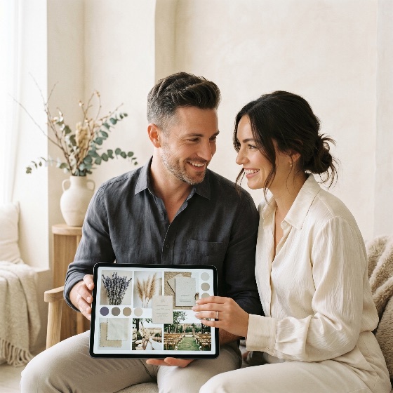 happy, young, couple, planning, their, wedding, using, digital, tablet, with, mood, board, home, event, smiling, interior, minimalist, technology, inspiration, marriage, bride, groom, together, love, lifestyle, design, decor, pampas, grass, lavender, color, palette, modern, caucasian, man, woman, relationship, engagement, celebration, creative, collaboration, indoor, bright, cozy, scandi, boho, invitation, ceremony, organizing, togetherness, joy, future, partnership, screen, people