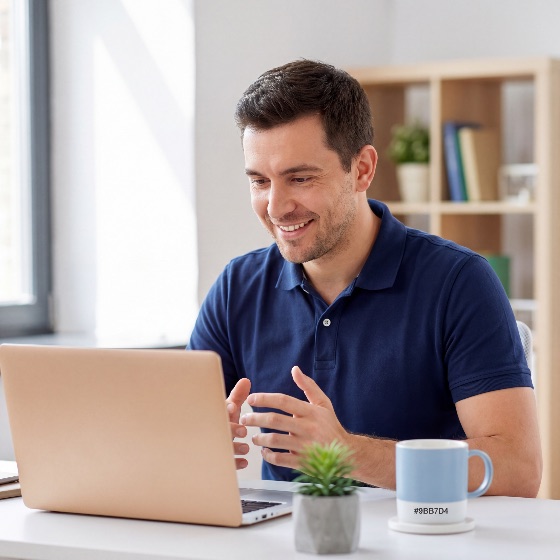 smiling, young, man, blue, polo, shirt, participates, video, conference, call, his, laptop, while, sitting, desk, bright, home, office, gesturing, with, hands, during, conversation, working, businessman, communication, technology, remote, work, computer, professional, business, talking, internet, lifestyle, person, male, adult, casual, happy, online, meeting, webinar, workspace, teleconference, digital, connection, freelance, entrepreneur, modern, indoor, success, portrait, caucasian, corporate, education, learning, student, coffee, mug, plant, bookshelf, telecommuting, from, virtual, finance