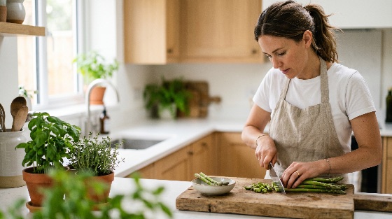 young, woman, beige, apron, chopping, fresh, green, asparagus, rustic, wooden, board, bright, modern, kitchen, cooking, vegetables, healthy, food, preparation, lifestyle, home, culinary, meal, organic, ingredients, cutting, domestic, chef, nutrition, wellness, indoor, herbs, basil, thyme, vegetarian, vegan, diet, slicing, knife, hobby, housewife, adult, caucasian, person, life, eating, prep, arts, drink