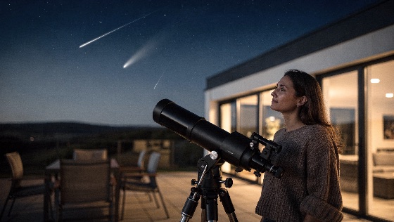 young, woman, observes, meteor, shower, and, comet, through, pro, starry, night, sky, from, modern, terrace, using, telescope, meteors, streak, across, the, dark, setting, features, contemporary, home, with, illuminated, interiors, highlighting, peaceful, hobby, astronomical, exploration, astronomy, stars, stargazing, space, balcony, science, observation, discovery, universe, cosmos, shooting, star, outdoor, evening, house, lifestyle, looking, watching, equipment, lens, tripod, amateur, scientist, galaxy, blue, serene, wonder, awe, celestial, event, phenomenon, astrology, optics, viewing, leisure, nightscape, research