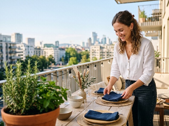 smiling, young, woman, setting, dining, table, urban, balcony, with, city, skyline, view, dinner, lifestyle, apartment, happy, terrace, outdoors, summer, evening, meal, preparation, hostess, home, hospitality, napkin, plate, glassware, herbs, rosemary, mint, plants, living, sunset, golden, hour, casual, elegant, cozy, atmosphere, caucasian, adult, female, hosting, entertaining, social, leisure, relaxation, people