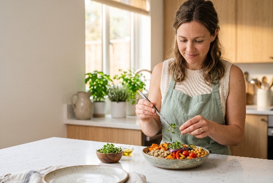 woman, green, apron, garnishing, healthy, vegetarian, buddha, bowl, with, microgreens, bright, modern, kitchen, eating, cooking, salad, vegan, meal, prep, nutrition, tweezers, garnish, chickpeas, quinoa, sweet, potato, vegetables, home, chef, wellness, interior, lifestyle, daylight, window, plants, herbs, organic, fresh, wholesome, balanced, diet, plant-based, culinary, food, preparation, mindful, self-care, homemade, delicious, fiber, protein, natural, light, arts, drink