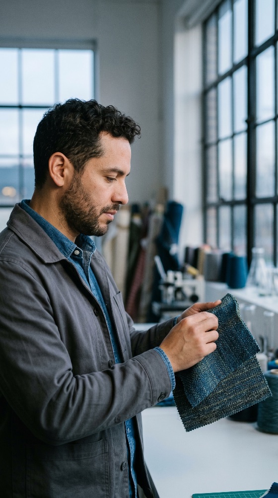 professional, male, textile, designer, examining, fabric, swatches, bright, studio, swatch, fashion, design, creative, man, industry, material, selection, tailor, artisan, craftsman, workshop, small, business, entrepreneur, quality, control, samples, apparel, focused, workspace, garment, blue, textured, work, manufacturing, engineering, finance