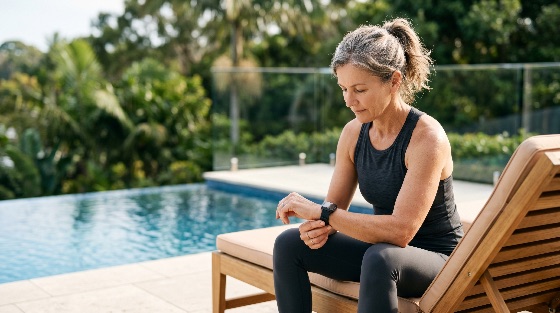 mature, woman, fitness, wear, checking, her, smartwatch, while, sitting, swimming, pool, outdoors, senior, health, wellness, active, lifestyle, exercise, athlete, tracking, technology, wearable, middle-aged, grey, hair, ponytail, sportswear, leggings, tank, top, lounge, chair, summer, tropical, garden, relaxation, motivation, healthy, living, retreat, vacation, leisure, morning, workout, activity, tracker, digital, watch, focus, determination, person, female, one, side, view, sports