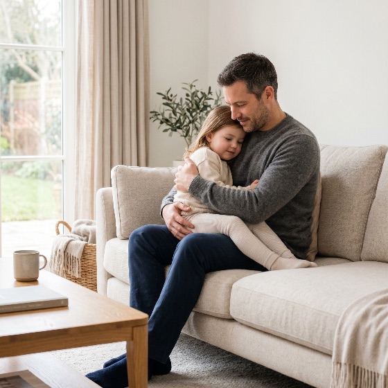 tender, moment, father, embracing, his, young, daughter, while, sitting, sofa, cozy, modern, living, room, hug, family, love, embrace, home, affection, childhood, parenting, lifestyle, bonding, togetherness, indoor, man, girl, child, comfort, happiness, tenderness, morning, domestic, parent, care, relationship, minimalist, neutral, colors, people
