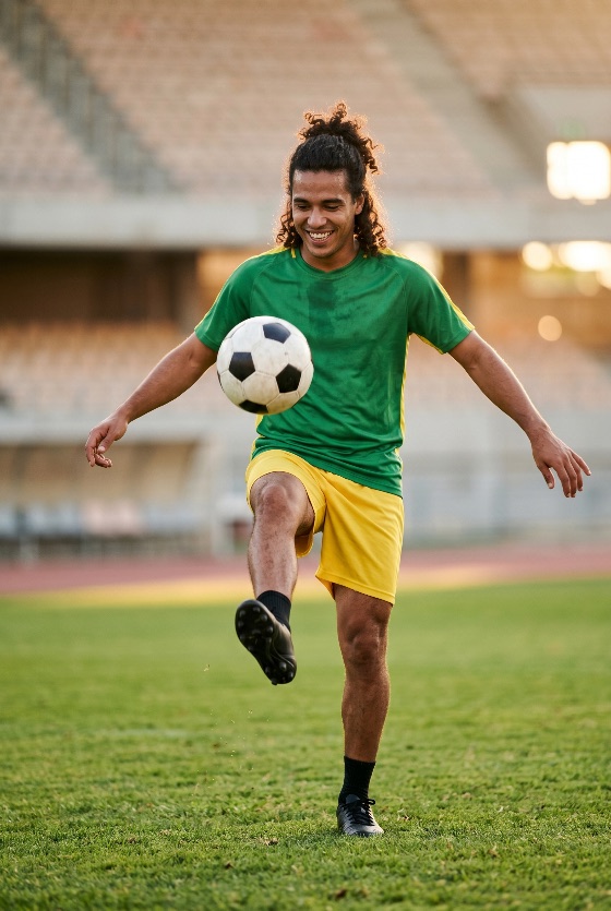 smiling, young, soccer, player, juggling, ball, stadium, field, sunset, football, athlete, training, pitch, sport, exercise, fitness, man, male, happy, skill, control, practice, jersey, uniform, athletic, golden, hour, outdoors, lifestyle, hobby, competition, professional, action, motion, healthy, energy, motivation, goal, grass, cleats, sportsmanship, leisure, activity, workout, person, sports