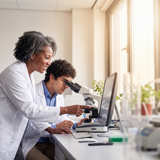 dedicated, diverse, team, scientists, collaborating, bright, clinical, laboratory, with, senior, female, mentor, guiding, young, male, student, using, microscope, and, analyzing, data, screen, scientist, research, science, medical, lab, technology, healthcare, professional, woman, man, multicultural, colleague, partnership, collaboration, clinic, hospital, office, modern, window, indoor, workspace, analysis, discovery, experiment, study, learning, education, teaching, pointing, looking, smiling, computer, monitor, equipment, biology, chemistry, biotechnology, pharmaceutical, expertise, innovation, progress, medicine