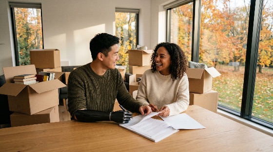 happy, diverse, couple, including, man, with, prosthetic, arm, laughing, while, signing, documents, their, new, home, surrounded, moving, boxes, disability, diversity, happiness, lease, mortgage, apartment, house, cardboard, relocation, inclusive, woman, smiling, autumn, fall, real, estate, ownership, together, partnership, lifestyle, interior, paper, agreement, contract, bionic, handicap, multi-ethnic, asian, black, african, american, young, start, beginning, joy, investment, property, residential, people